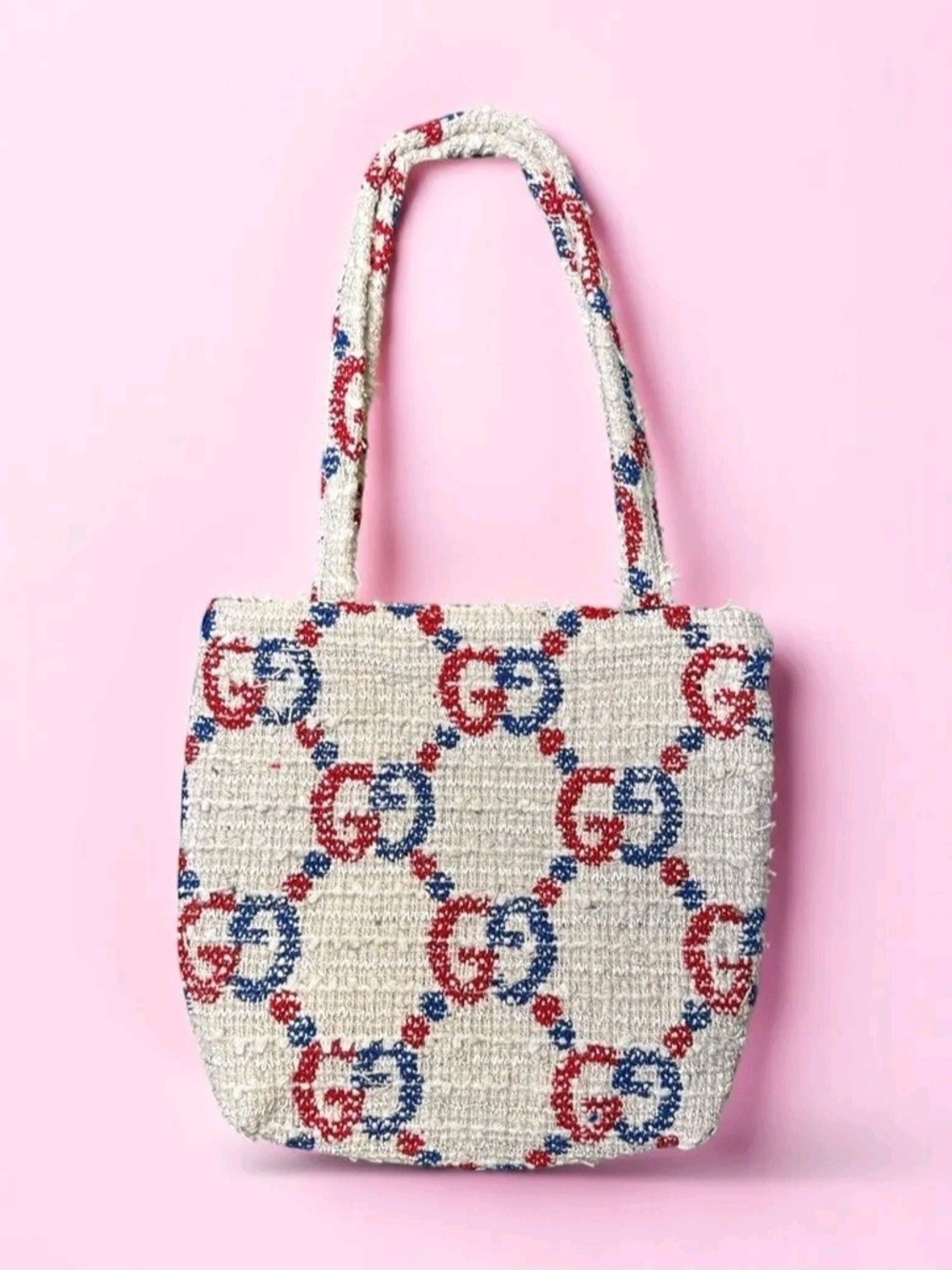 Cream Tweed Tote with Red & Blue